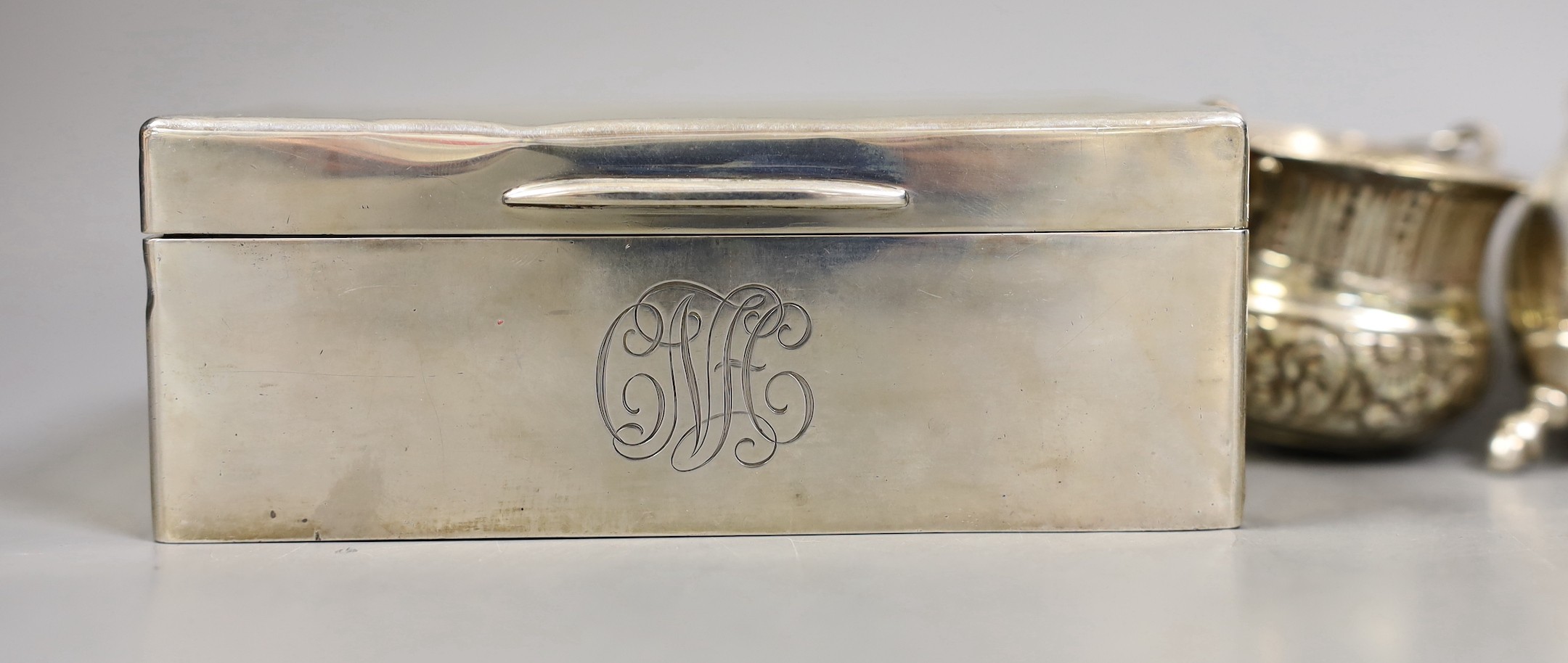 A small mixed lot of silver to include two cigarette boxes, salts and a mustard.